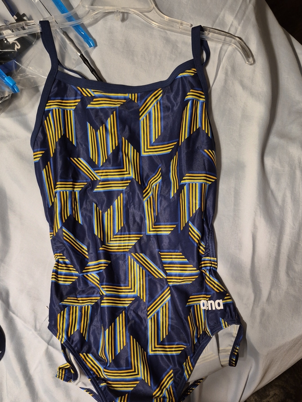 ARENA Navy Geometric One-Piece Swimsuit with Yellow Stripe Pattern